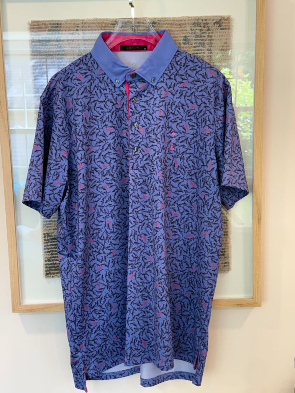 *Greyson Mens Golf Polo Shirt Shark Print Medium Blue Red